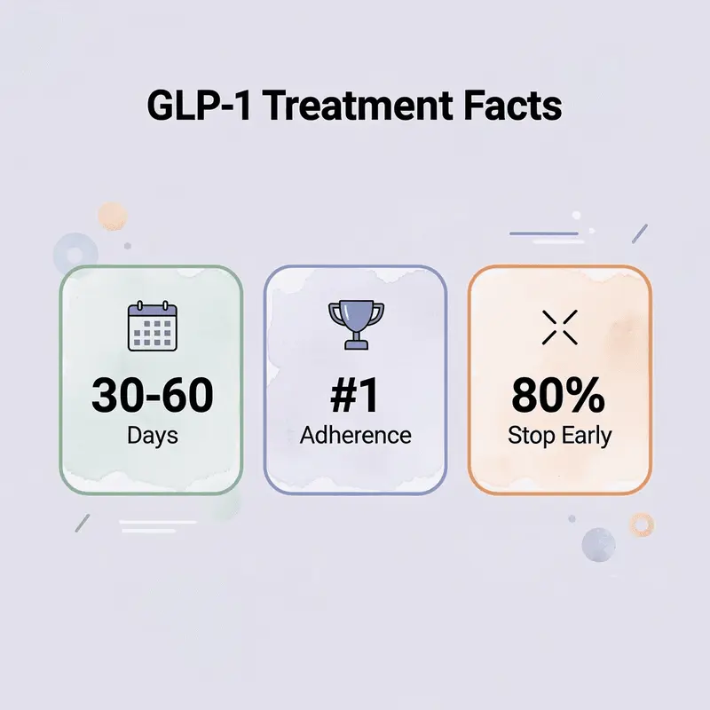 Statistics showing GLP-1 treatment facts, including adjustment period and adherence rates