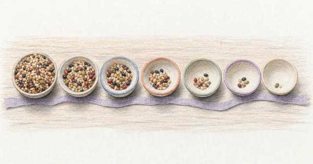 Row of seven small bowls holding steadily smaller portions of food on a wooden table