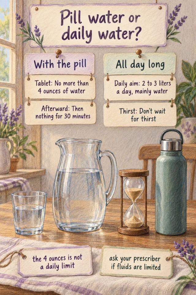 Pill: no more than 4 ounces of water, then nothing for 30 minutes; daily: 2 to 3 liters, mainly water.