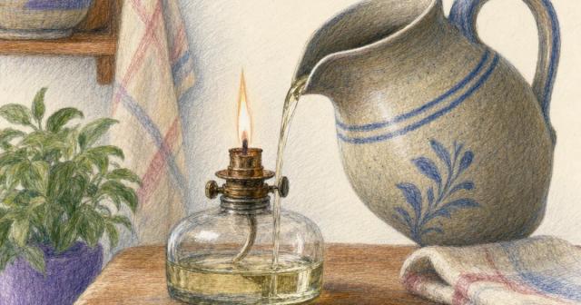 Low-burning oil lamp being refilled from a tilted stoneware jug on a wooden table