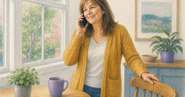 A woman smiling on a phone call by a bright window, tea on the table
