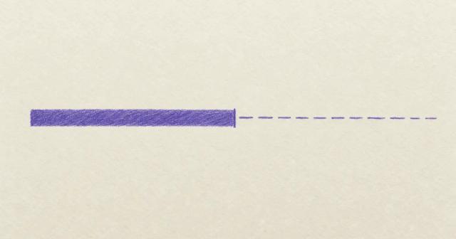 Hand-drawn band on paper turning from solid to broken after a vertical mark