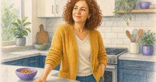 Woman standing calmly beside an untouched bowl of snacks, a craving passed