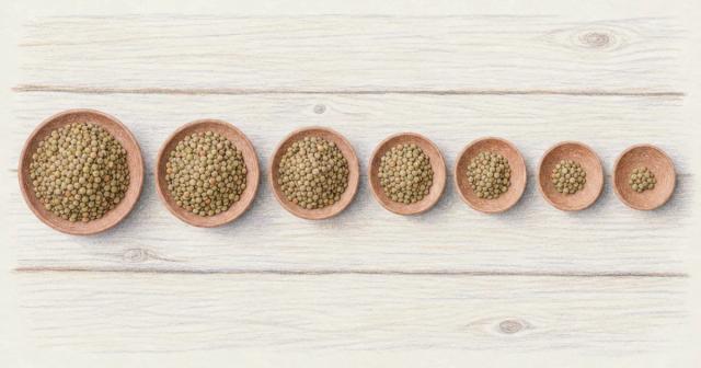 Row of seven clay dishes holding steadily smaller mounds of dried lentils