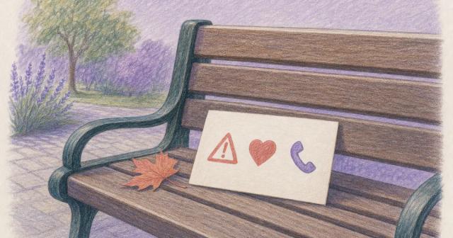 Reference card with a warning triangle, heart, and phone icon in a row