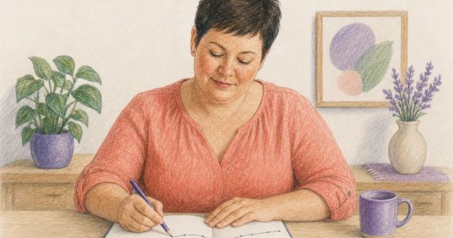 Woman at a table reviewing a weekly trend line in her journal