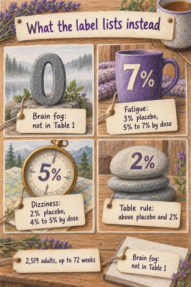 Card showing brain fog is not in Table 1 while fatigue and dizziness carry rates by dose.