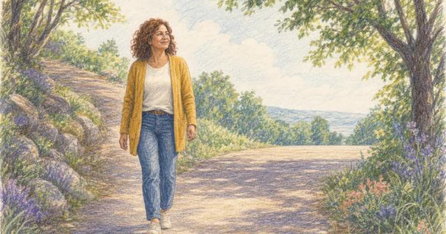 Woman walking a path that climbs then levels into a flat stretch
