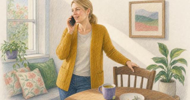 Person standing at a sunlit breakfast nook table, talking warmly on the phone