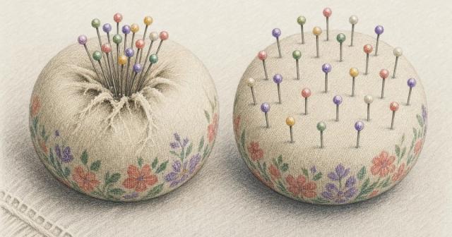 Two pincushions: pins crowded in one worn spot versus pins spaced evenly