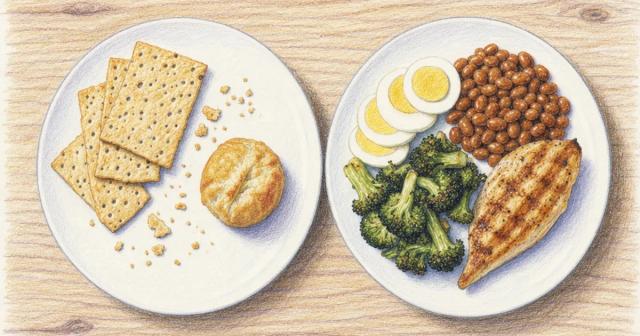 Overhead view of two plates: crackers and a pastry on one, eggs, beans and vegetables on the other