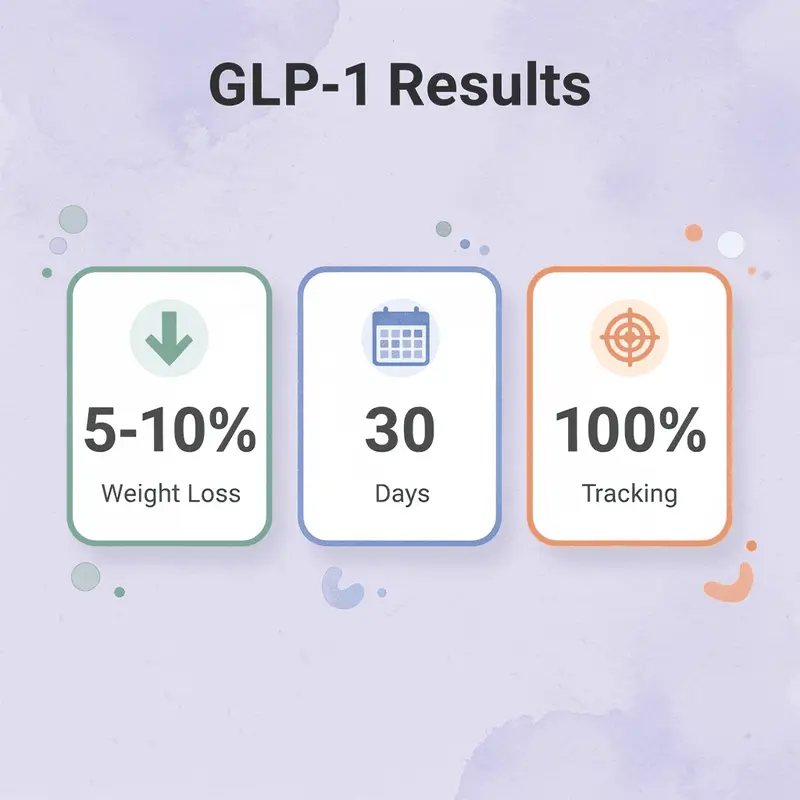 Statistics showing 5-10% weight loss in 30 days with 100% tracking