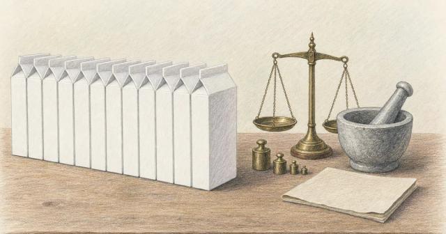 Row of identical plain cartons on the left, a small brass balance and mortar on the right