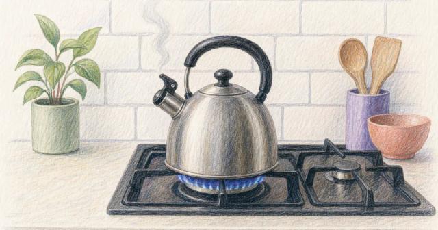 A kettle on a stove with a faint first wisp of steam