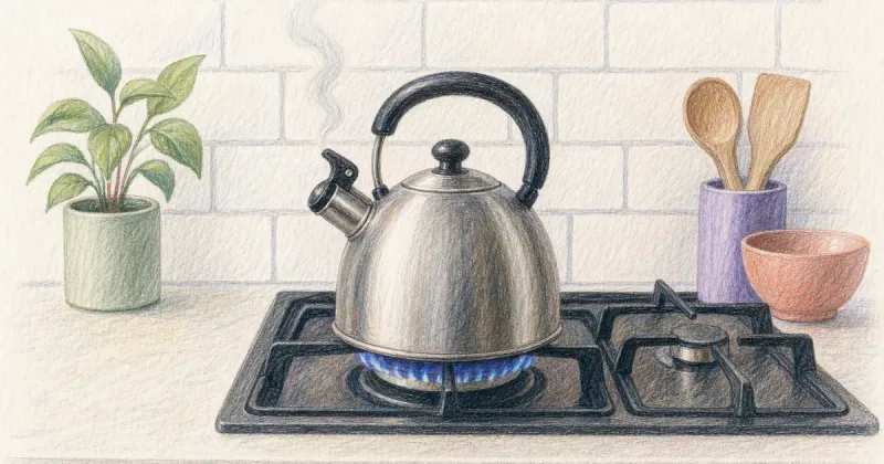 A kettle on a stove with a faint first wisp of steam
