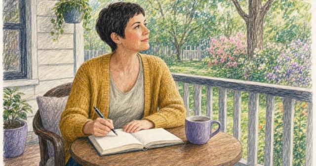 Person at a porch table pausing with a pen above an open blank notebook