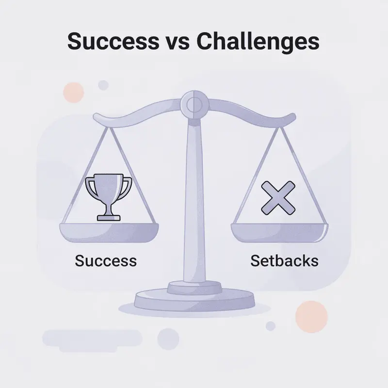 Balance scale comparing success factors versus challenges