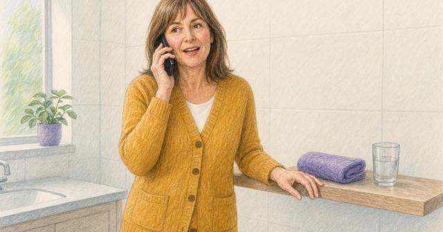 Person standing beside a spare bathroom shelf, talking warmly on the phone