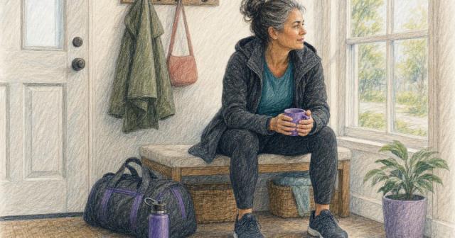 Woman in a coat sitting by an entryway window with a mug, gym bag at her feet