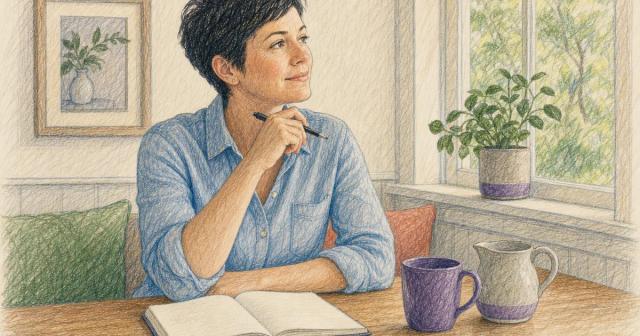 A woman at a sunlit breakfast nook table pausing with a pen over an open notebook