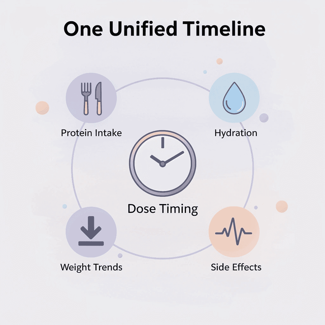Hub infographic showing five tracked variables feeding into one unified progress timeline