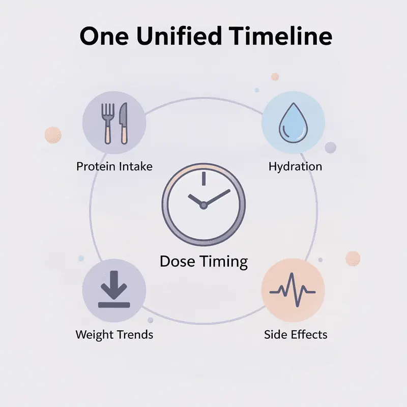 Hub infographic showing five tracked variables feeding into one unified progress timeline