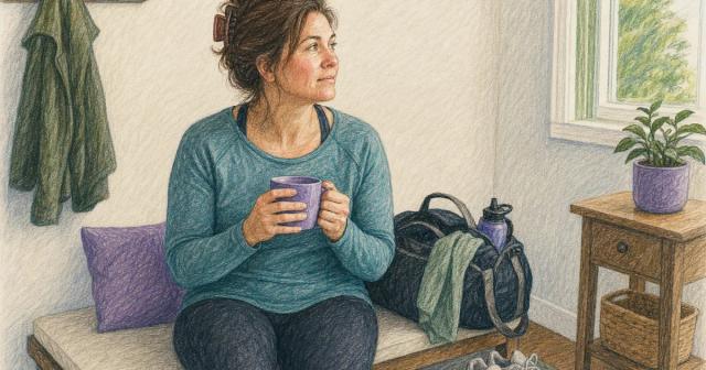 Woman pausing with a warm mug on an entryway bench beside a packed gym bag