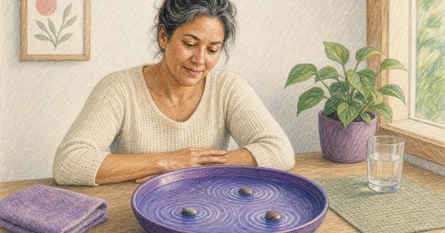 Water dish with three pebbles each sending fresh concentric ripples