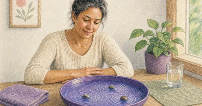 Water dish with three pebbles each sending fresh concentric ripples