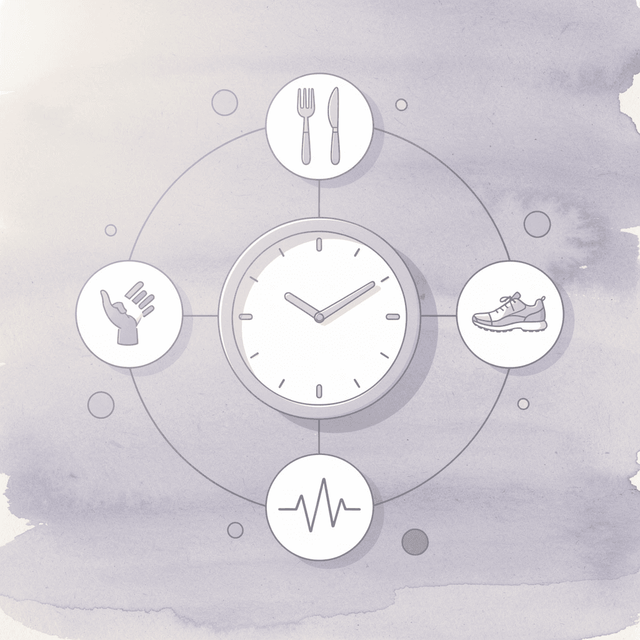 Icon hub showing MeAgain app connecting dose timing, nutrition, activity, and side effect tracking