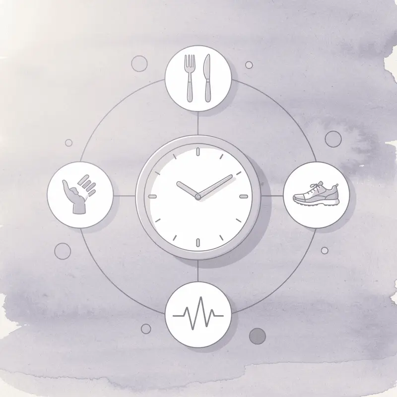 Icon hub showing MeAgain app connecting dose timing, nutrition, activity, and side effect tracking