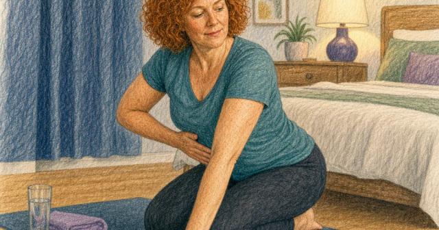 Person pausing mid-stretch on a bedroom mat, hand on ribs, beside a lit nightstand lamp