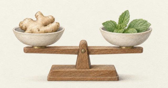 Level wooden balance scale holding a bowl of fresh ginger and a bowl of mint leaves