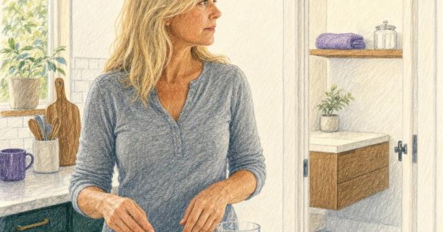 Woman pausing over a bowl in her kitchen, looking toward a bare bathroom shelf