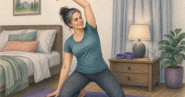 Woman stretching on a mat beside her bed in warm lamplight, resistance band on the nightstand