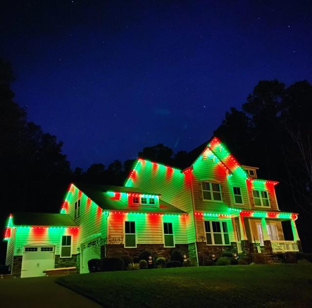 Permanent LED holiday and accent lighting: christmas red green two story