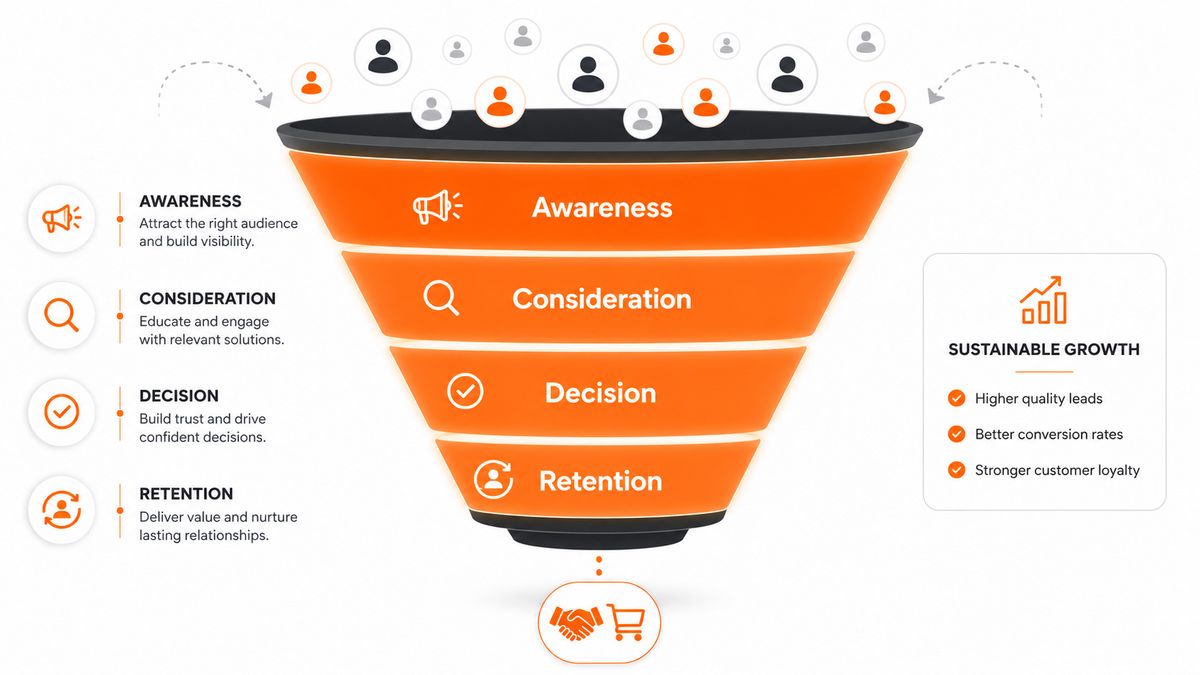 Graphic showing the stages of a marketing funnel.