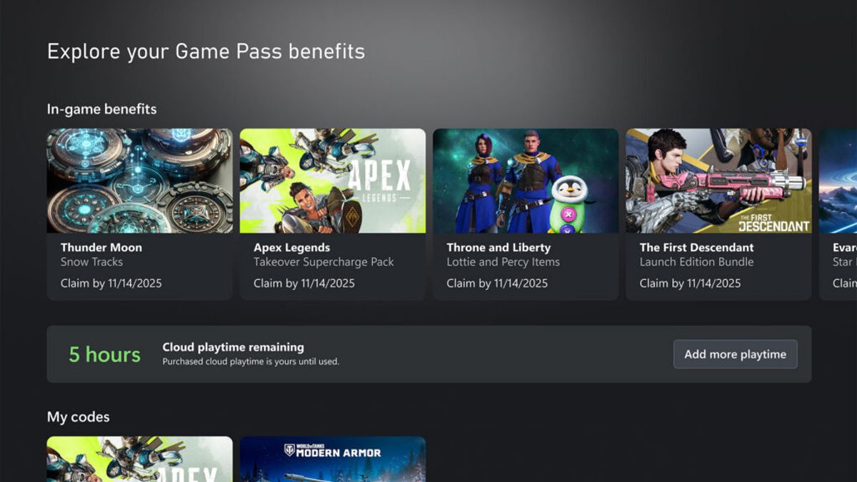 Xbox Cloud Gaming interface showing remaining cloud playtime hours