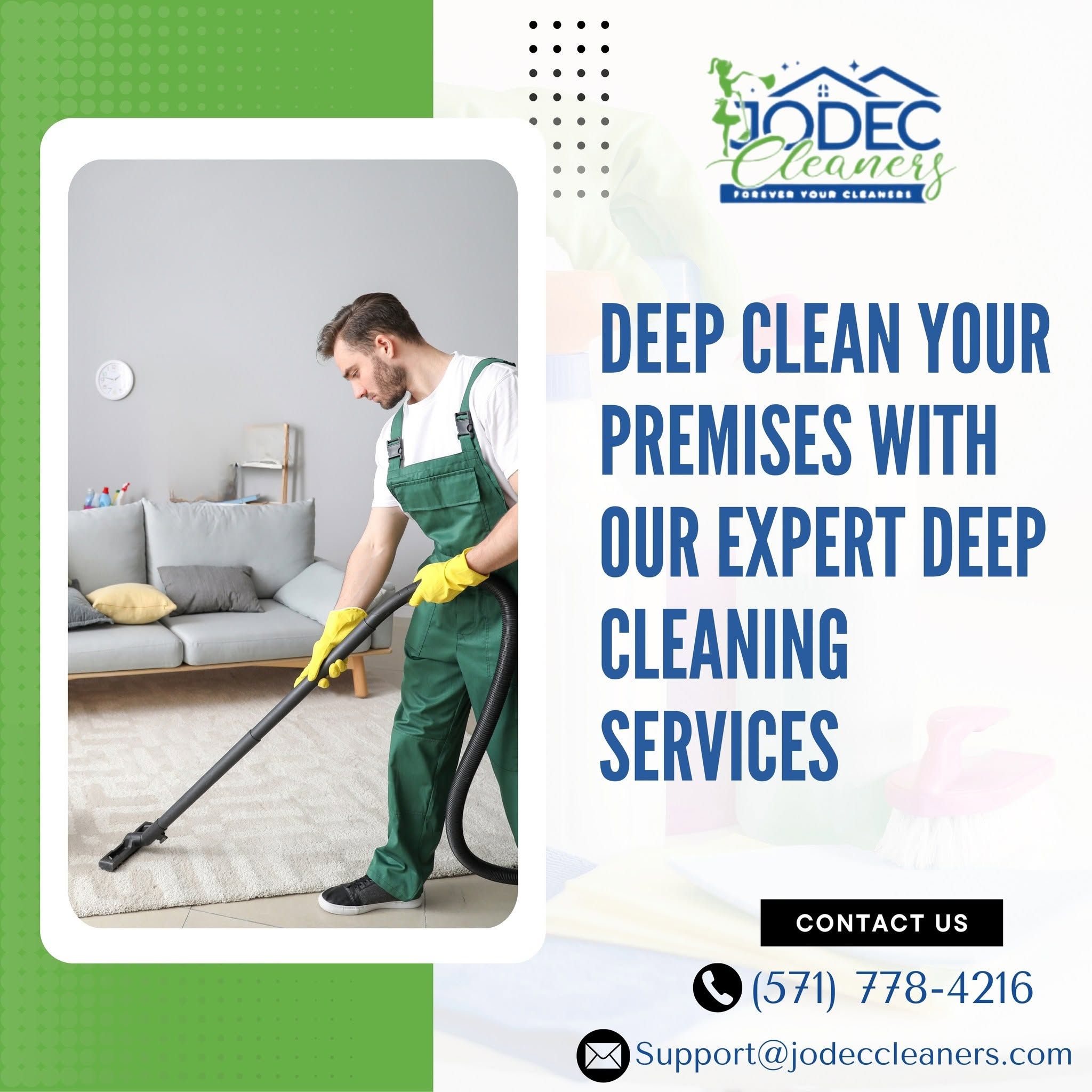 A Jodec Cleaners crew member deep cleaning carpets in a Northern Virginia living room