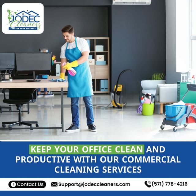 A Jodec Cleaners professional disinfecting a Northern Virginia office to a medical-grade standard