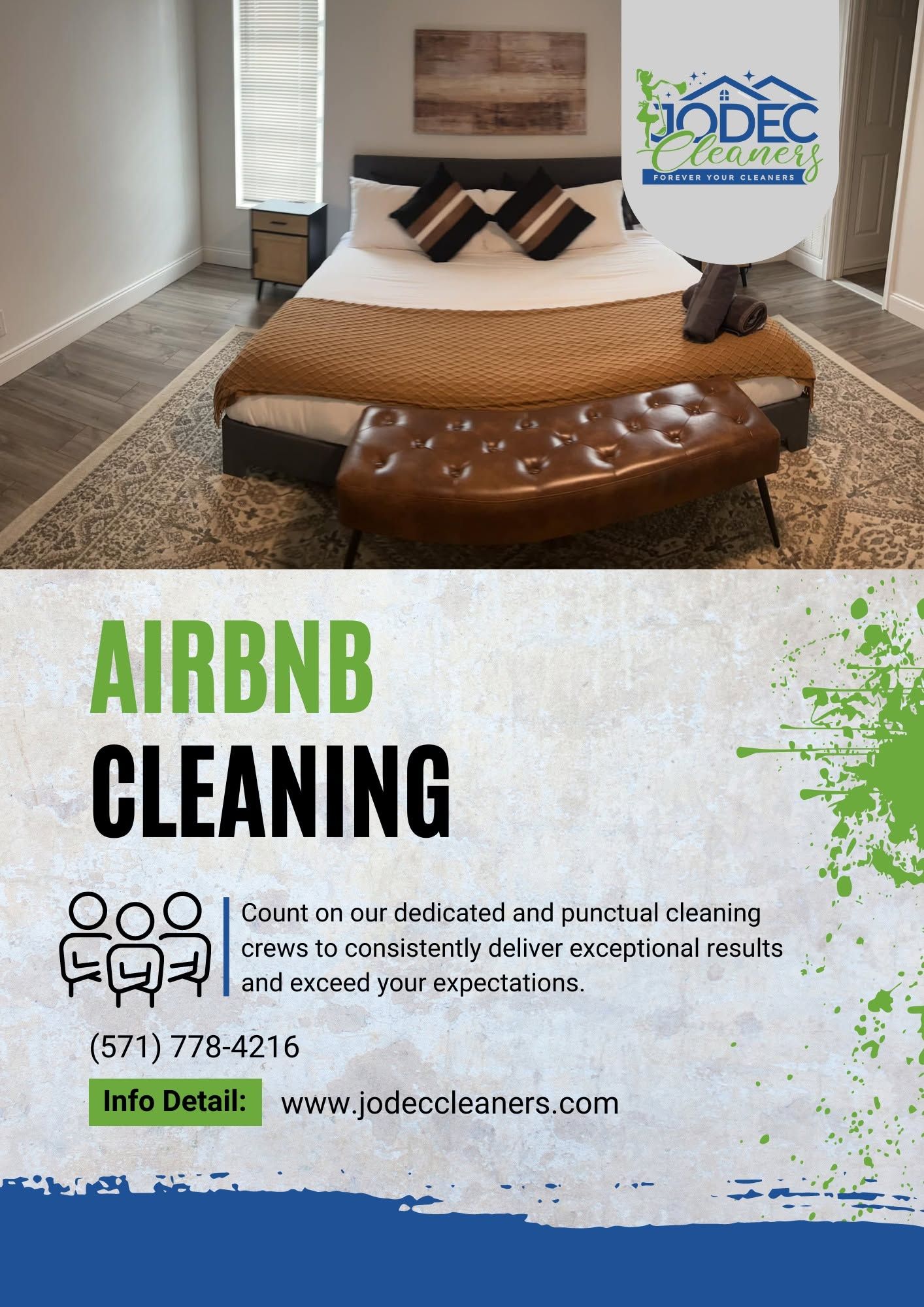 A staged, freshly cleaned Airbnb bedroom turned over by Jodec Cleaners