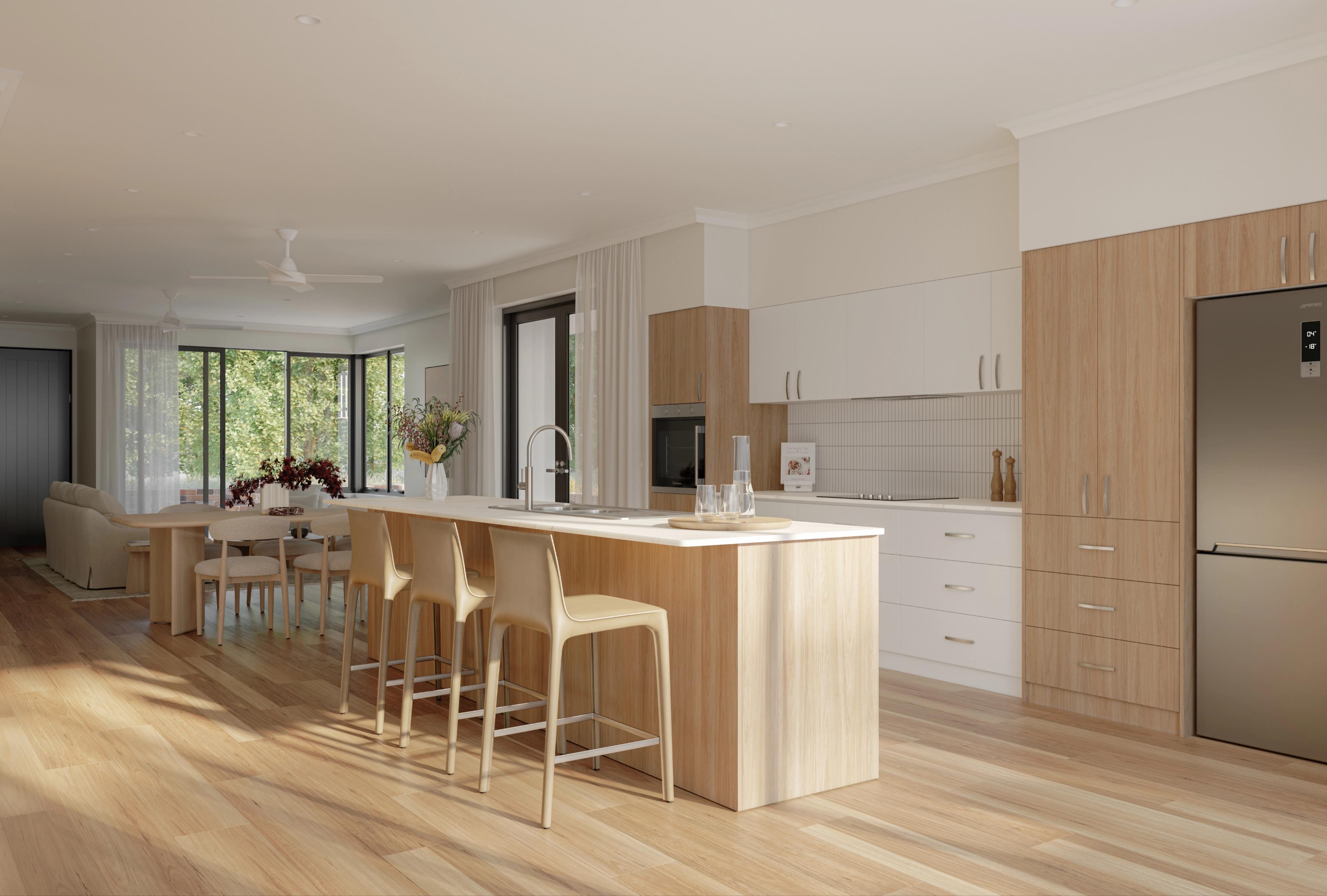 Inside the villa's living space showing an open planned kitchen and living area with good natural lighting, wooden finishes and contemporary interioers.