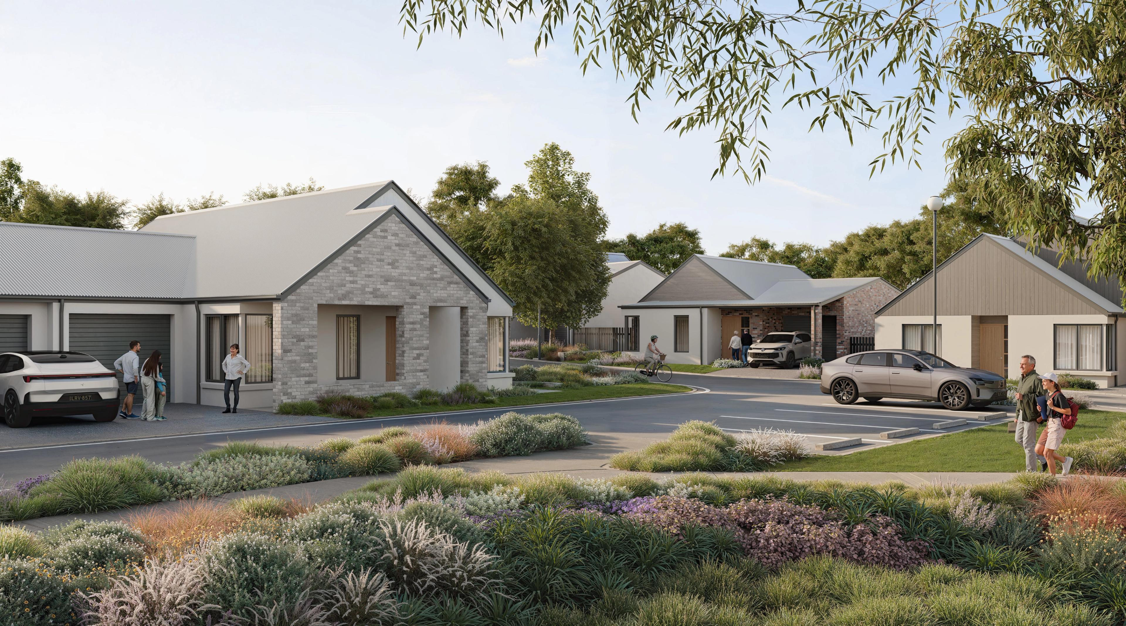 The Highlands by Harbison village showing the gardens, street scape and people out and about, walking and riding.