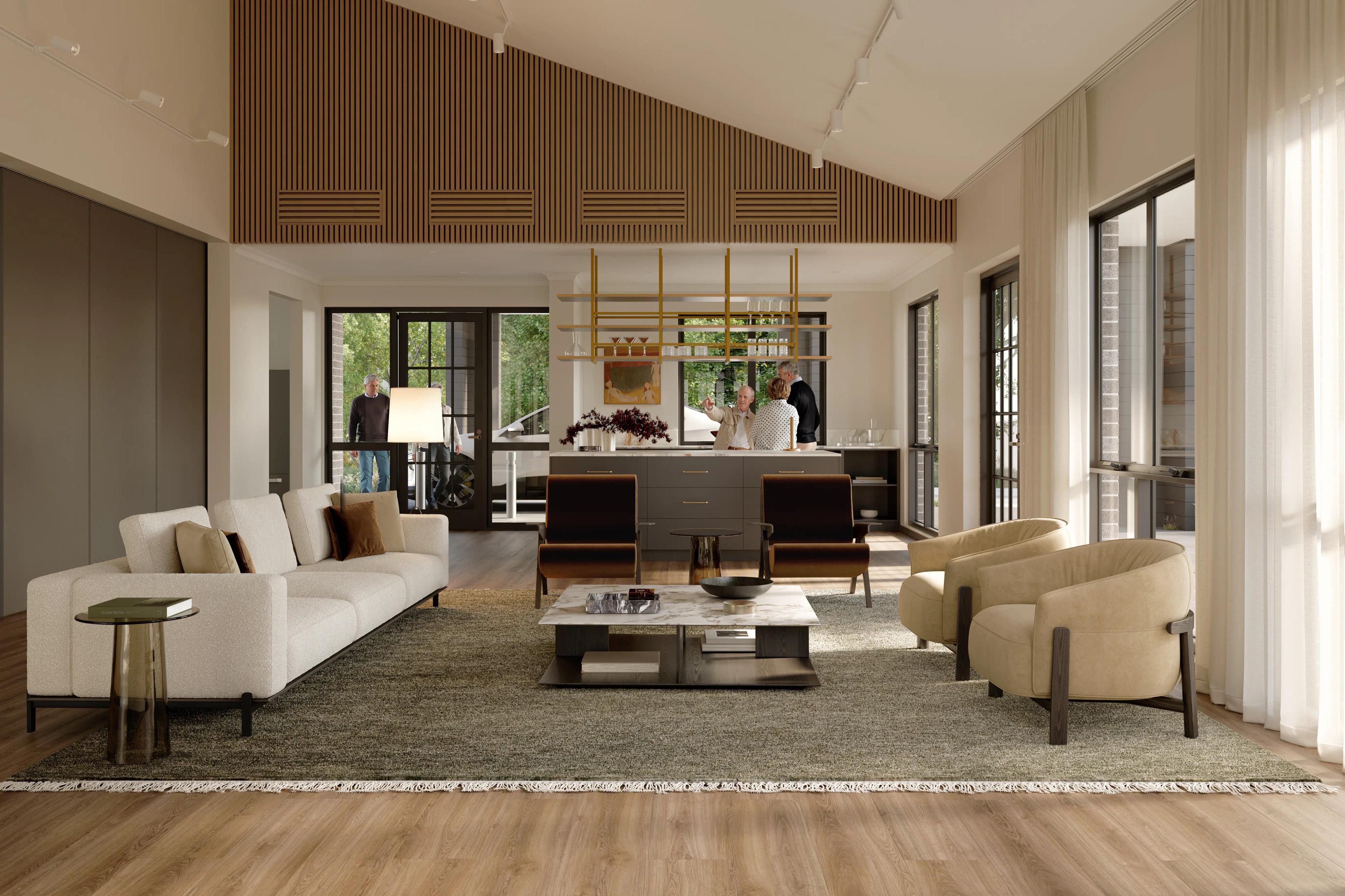 Clubhouse main area, with 2 lounges and 2 arm chairs, a bar area and 3 people gathering to talk. Contemporary neutral interiors and natural lighting with timber accents. 