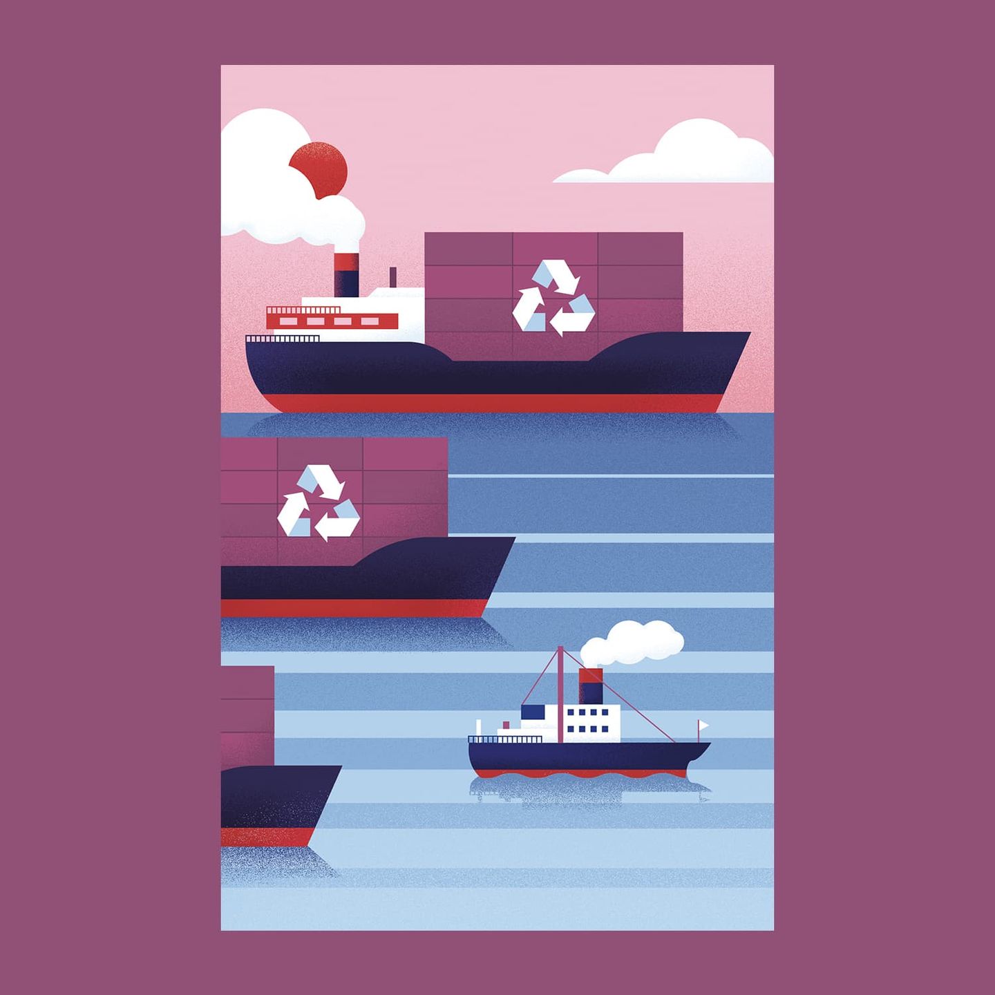 Three recycling container ships and a small boat. 