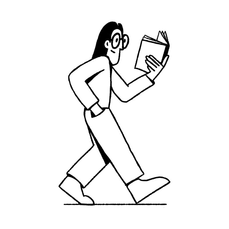 Portrait of a person walking and reading a book. 