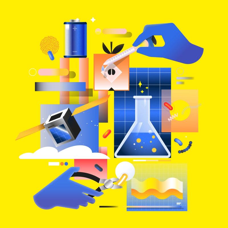A collage of tech elements including satellites, lab hands, pimples and abstract shapes. 
