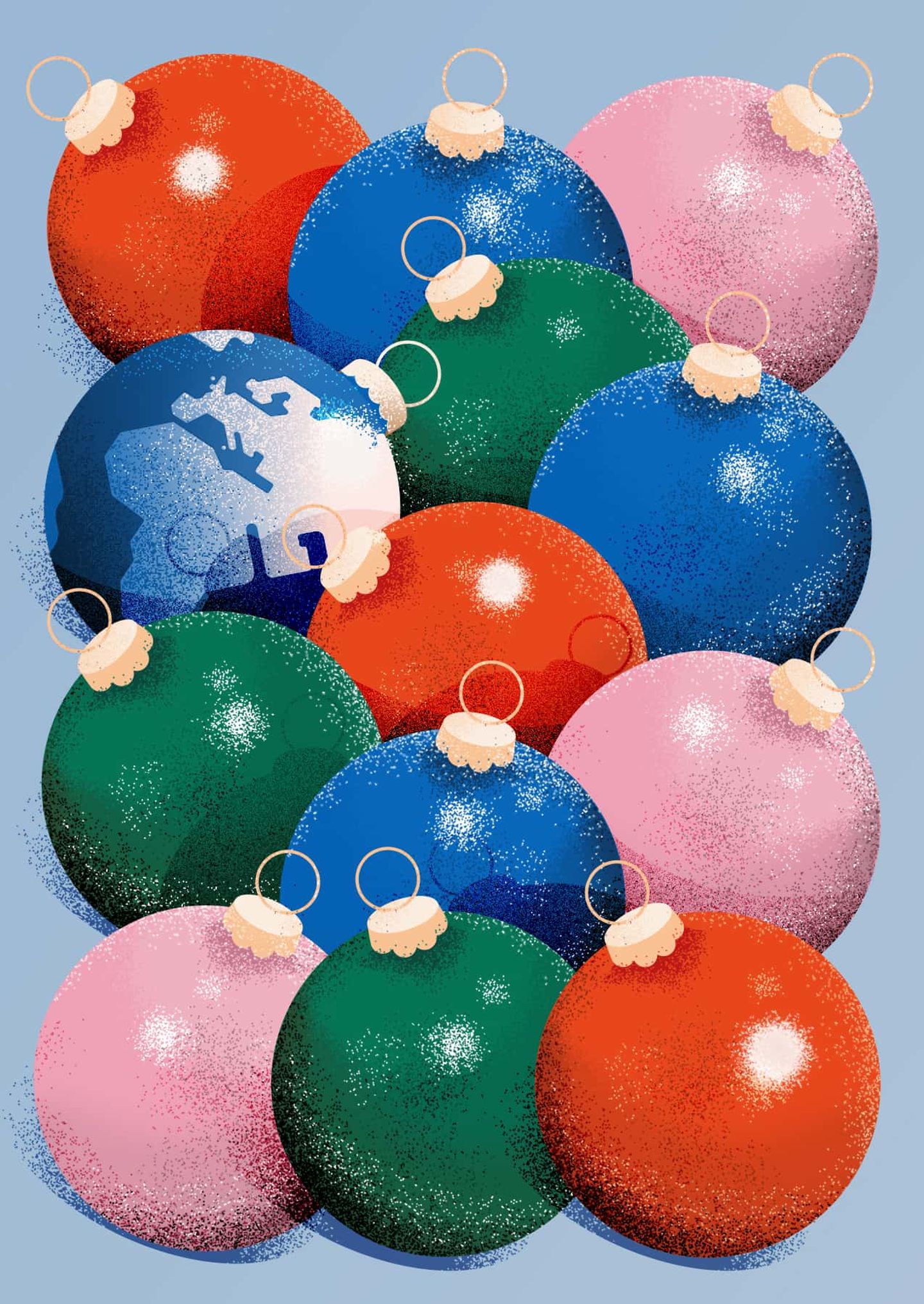 Various Christmas baubles and one has a world map depicted. 