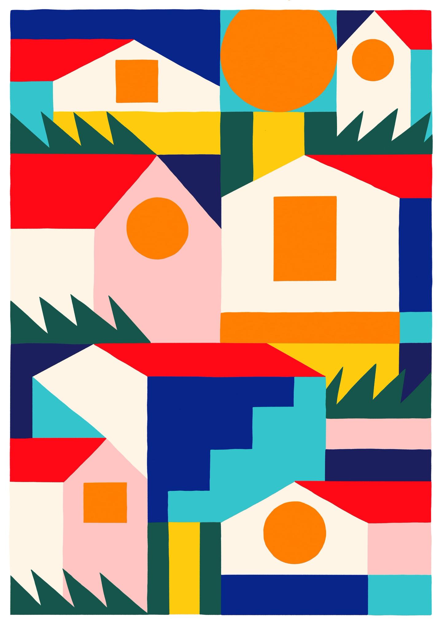 Abstract geometric poster with houses and buildings and green grass. 