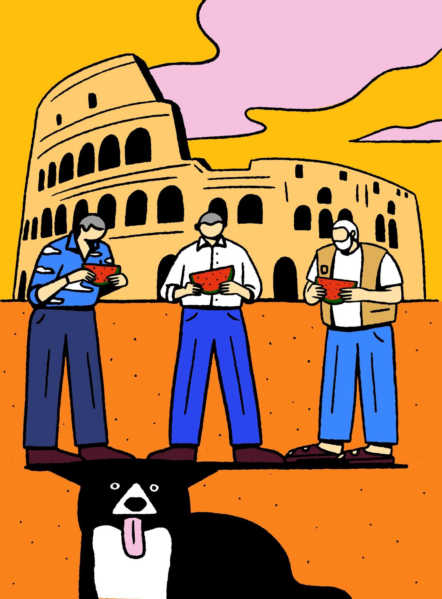 Three old gentlemen eating a watermelon in front of the Roman colosseum and a dog also with them. 